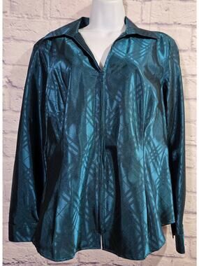 Coldwater Creek Green Blue Teal Full Zip Top PL Lightweight Satin